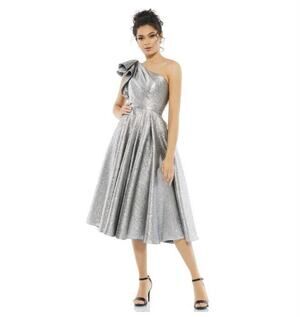 Mac Duggal Silver One Shoulder Bow Midi Dress 67906 Size 8 NWT
